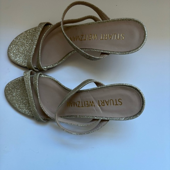 STUART WEITZMAN PATRON GLITTER GOLD STRAPPY SLIDE SANDAL CURVE HEEL Sz 6 - Picture 4 of 6